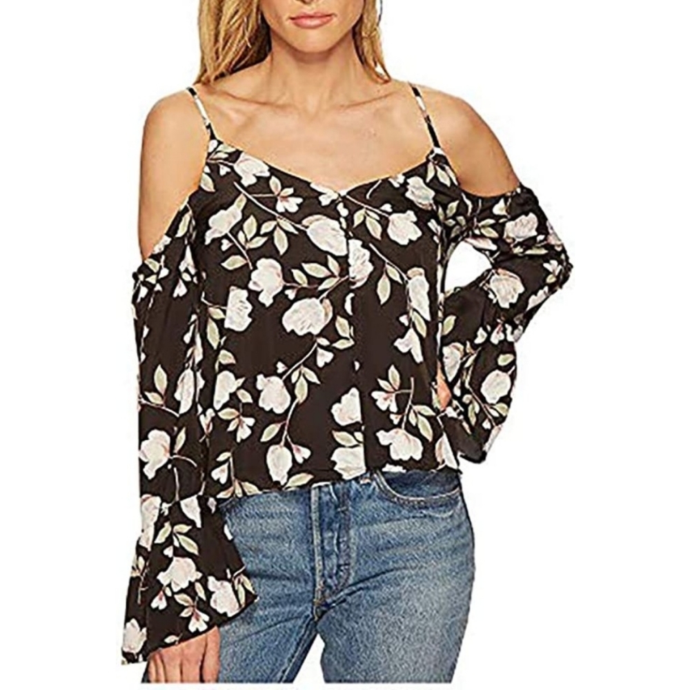 J.O.A. Floral Cold Shoulder Flutter Button Front Blouse XS Revolve - Picture 4 of 11